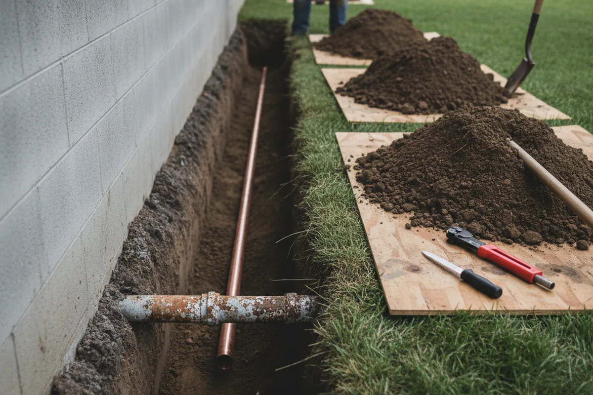 Excavated water line trench during Sewer Line Repair in Rush Valley